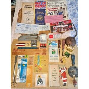 Vintage Lot of Household Items Tools Paper Nostalgia Office Supplies Cards